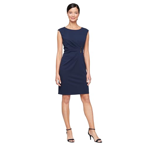 S.L. Fashions Women's Short Stretch Sheath Business Casual Day Dress with Side Ruched Waist and Hardware Detail