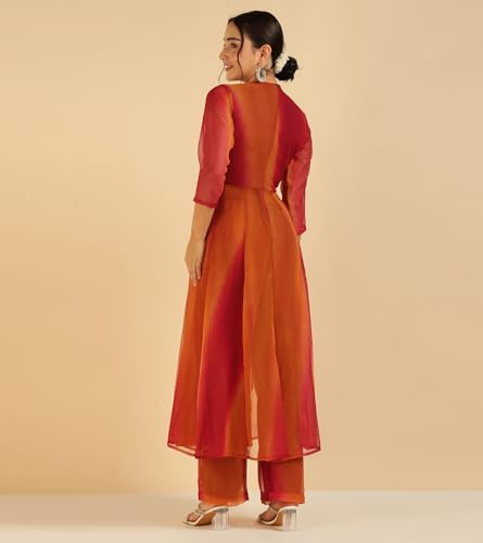 Image of DEEBACO Women's Ombre Lahariya Georgette Ankle Length Anarkali Tunic with Palazzo Co Ord Set for Women Fashion|Round Neck|Long Dress for Woman Two Piece|Casual Wear Dresses(Maroon)