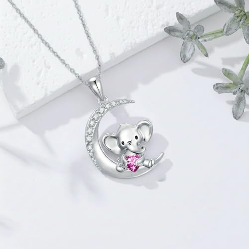 Image of PROESS Animal Birthstone Necklace 925 Sterling Silver Otter /Axolotl /Hippo /Elephant /Dachshund /Monkey /Red Panda Pendant Necklace Animal Birthstone Jewelry Gifts for Women