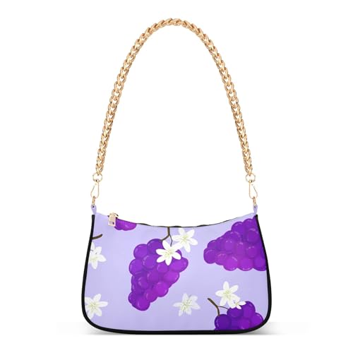 Purple Grapes Flowers Lavender Medium Handbag Tote Womens Ladies Shoulder Bag Floral Crossbody Purse Zipper Closure Chain Strap