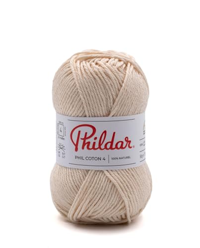 Phildar - Pelote de Laine Phil Coton 4 - Laine à Crocheter et à Tricoter - 100% COTON - Aiguille n°4 - Couleur BLANC
