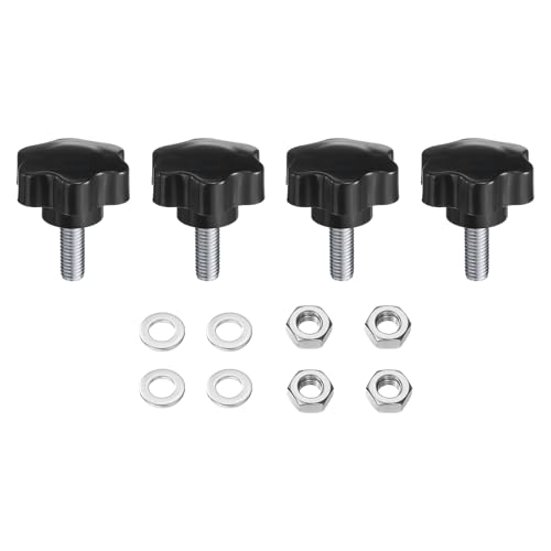 uxcell 4pcs Star Clamping Knobs with Nuts Washers, M10 x 25mm Metric Zinc Plated Carbon Steel Male Thread 48mm 6-Star Plastic Head, Threaded Stud Hand Knobs Handles Thumb Screws, Black