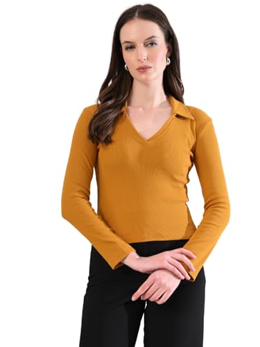 Image of Women's V-Neck Collar Full Sleeve Ribbed Top - Pure Cotton, All-Season, Comfortable & Stylish(Mustard,S)