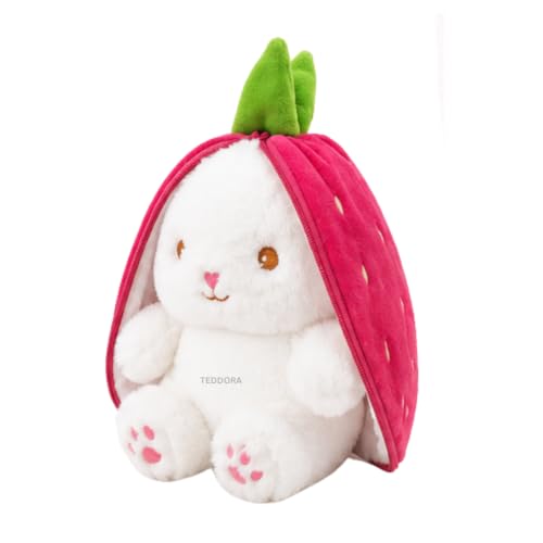 Image of Rabbit with Chain Reversible Strawberry Bunny Pink Soft Toy for Girls Boys Kids, Zipper Animal Stuffed Baby Teddy Gift Birthday, 25 cm