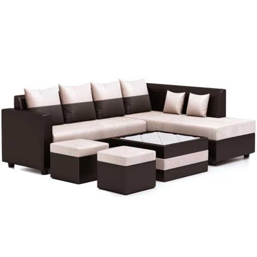 FURNY Marbo 8 Seater Fabric RHS Sectional L Shape Sofa Set with 1 Centre Table & 2 Ottomans (Cream-Brown) FURNY Marbo 8 Seater Fabric RHS Sectional L Shape Sofa Set with 1 Centre Table & 2 Ottomans (Cream-Brown)
