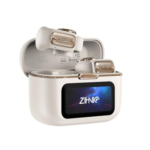 ZIHNIC Clip on Earbuds Open Ear Wireless Bluetooth 5.4 Headphones with Mic,Noise Cancelling,Waterproof, Smart LED Touch Screen,Comfortable Glasses Wearers,Workouts -Beige