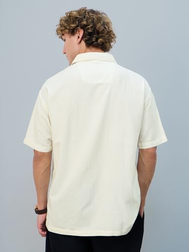 Image of The Souled Store Earthbound Hawaiian Shirt: Men and Boys Short Sleeves Collared Neck Embroidered Cotton Blend Oversized Casual Shirt