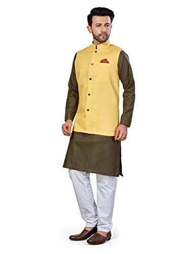 Image of BE ACTIVE Linen Blend Solid Pattern Trendy Comfortable Stylish Full Sleeve Kurta Pajama Set with Jacket Nehru Style Koti for Men's Ethnic Wear