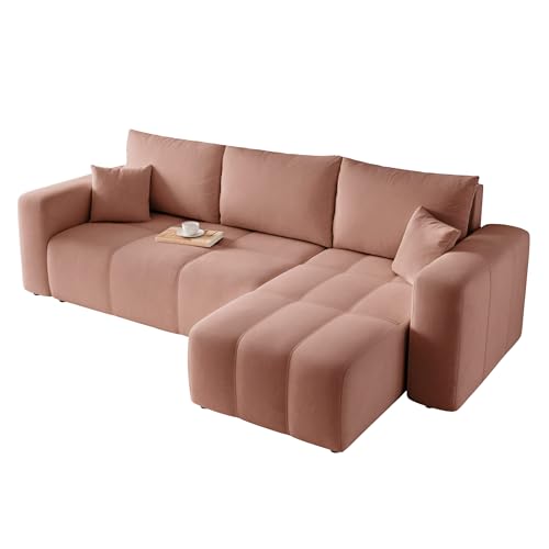 GREKPOL Canapé d'angle Convertible 145x248 à Gauche ou à Droite - Canapé 3 Places Convertible Rose avec Espace de Rangement