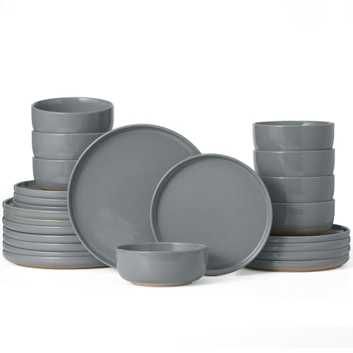 Image of Famiware Milkyway Dinnerware Sets, 24 Piece Dish Set, Plates and Bowls Sets for 8, Dark Gray