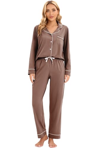 Image of LUBOT 100% Cotton Pajamas for Women Pajama Set Soft 2 Piece Sleepwear PJ Set Long Sleeve Knit Button Cozy Loungewear XS-XXL