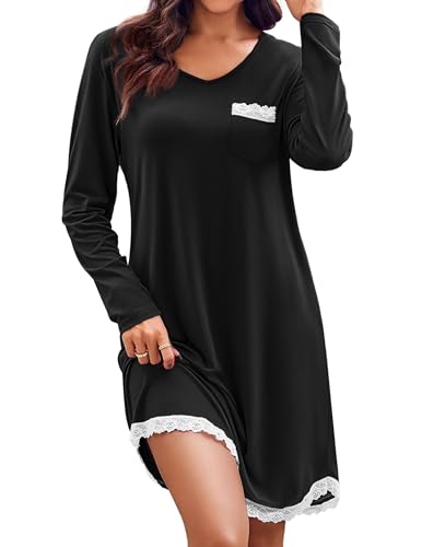 Ekouaer Womens Long Sleeve Nightgowns V Neck Sleepshirts Lace Nightshirts Casual T-shirt Sleep Dress with Pocket