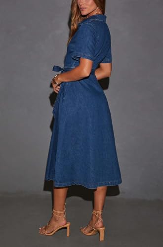 utcoco Women's Denim Shirt Dress with Belt Elegant Short Sleeve Button Down Midi Dress with Pockets2