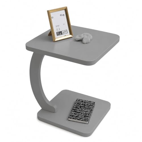 Image of Modern C-Shaped Side Table for Sofa & Bed - Multi-Purpose Laptop Table, Snack Holder, Book & Plant Stand - Compact & Sturdy Bedside Table (Brown) (Grey)
