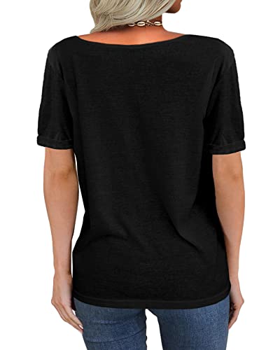Image of Danedvi Women Deep V-Neck Short Sleeve Tops Solid Casual Loose T Shirt