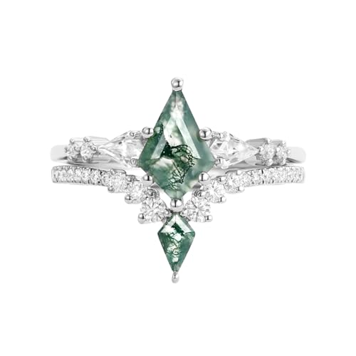 Center 1.5 Carat Kite Cut Moss Agate Wedding Ring Sets for Women 2pcs Moissanite Bridal Sets 10K 14K 18K Gold Platinum Plated Natural Moss Agate Ring3