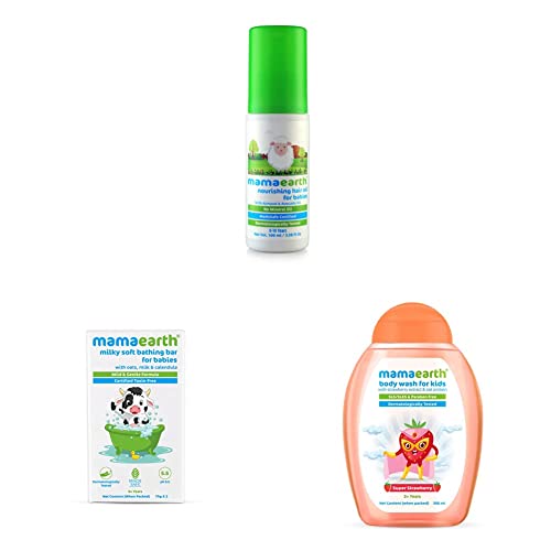 Image of Mamaearth Nourishing Hair Oil for Babies 100ml & Milky Soft Bathing Bar for Babies with Oats, Milk & Calendula - 75g x 2 & Super Strawberry Body Wash for Kids with Strawberry Oat Protein - 300 ml
