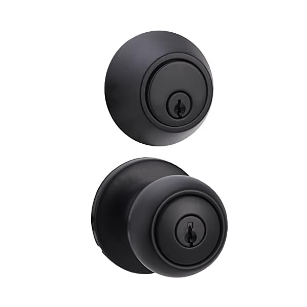 Amazon Basics Exterior Door Knob With Lock and Deadbolt, Coastal, Matte Black