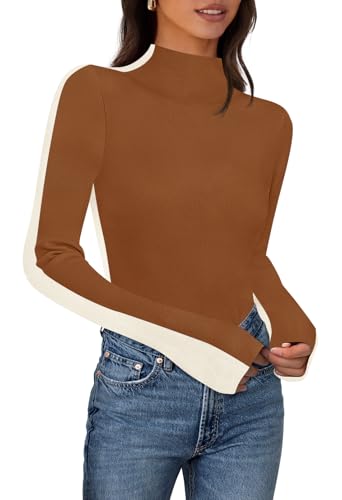 MEROKEETY Women's 2025 Fall Mock Neck Lightweight Pullover Sweater Fitted Ribbed Long Sleeve Color Block Knit Tee Shirt Tops