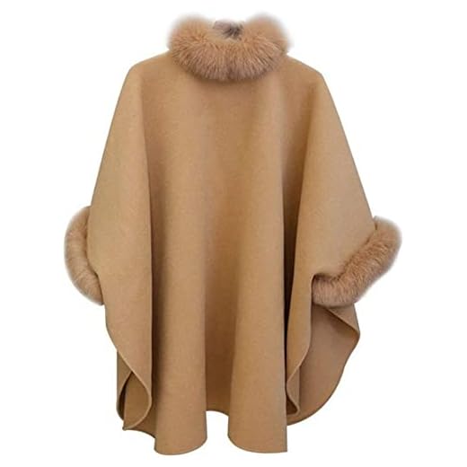 LULIGH Moda Mujer Elegante Abrigo De Lana Mode Base Sintética Bat Wing Poncho Capa Chal Con Piel Sintética Con Capucha Chaqueta Larga Prendas De Vestir (Color : CAMEL, One Size : M)