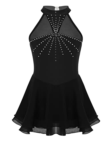 Daenrui Kids Girls Ice Figure Skating Dress Leotard Sparkle Rhinestone Sleeveless Mesh Splice Tutu Skirt Dancewear Black 16 Years #TOP13