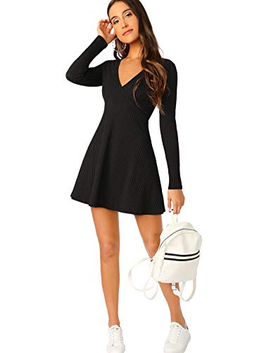 Verdusa Women's Elegant Deep V Neck Long Sleeve Ribbed Short Skater Dress Black Xl #TOP4
