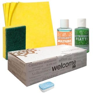 Kit pulizia casa Vacanze 5 Pezzi Detersivo piatti, spugna piatti, panno, detersivo lavastoviglie. Per Residence, Case Vacanze, Appartamenti