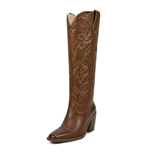 ISNOM Brown Knee High Cowboy Cowgirl Boots for Women - Womens Western Country Tall Long Cowgirl Cowboy Boots with Almond Toe Square Toe for Party Holiday Travel Size 7.5