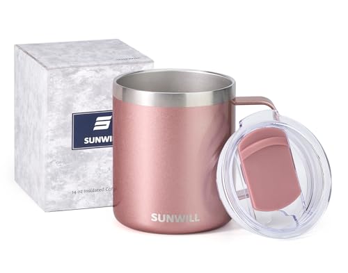 Image of SUNWILL Coffee Mug with Handle, 14oz Insulated Stainless Steel Coffee Travel Mug, Double Wall Vacuum Reusable Coffee Cup with Lid, Rose Gold