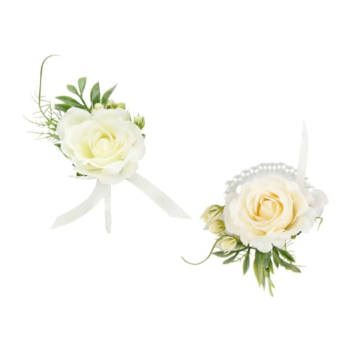 Hopzab 2PCS White Rose Corsage and Wrist Flower Set Handmade Artificial Bracelet Boutonniere for Weddings Proms Parties Enhancing Ceremonial Ambiance with Satin and Pearl Accents