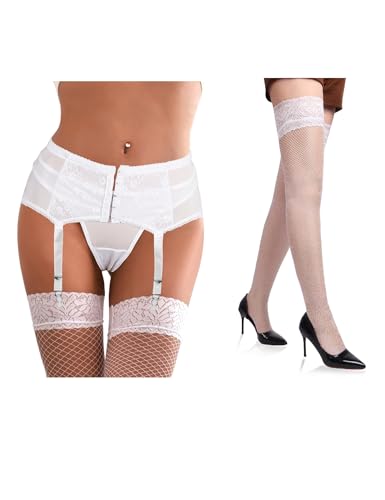 Medias autoadhesivas de encaje para mujer talla grande blanco y ligueros