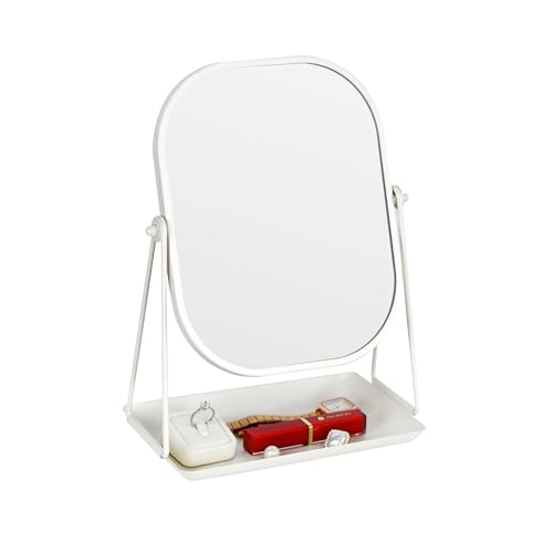 Tstarer Rotating Metal Makeup Mirror with Storage Vanity Mirror for Desk Bathroom Bedroom Dressing Table (White)