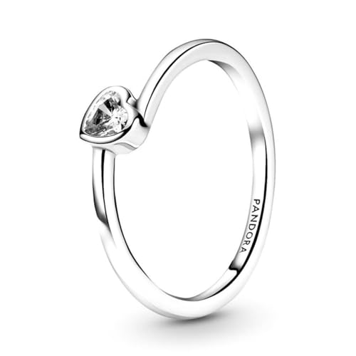 Pandora Anillo solitario con corazón ladeado transparente, talla 50