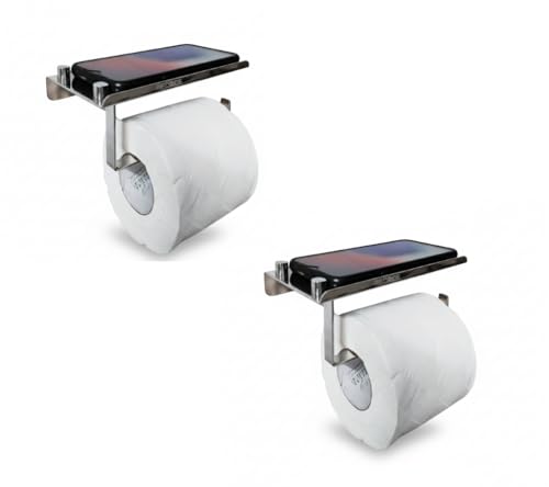 Image of Force Toilet Paper Holder with Shelf – Pack of 2 – Wall Mounted Rustproof Stainless Steel Bathroom Tissue Roll Dispenser with Raised Edge Shelf – Matte Finish – Space-Saving Modern Design