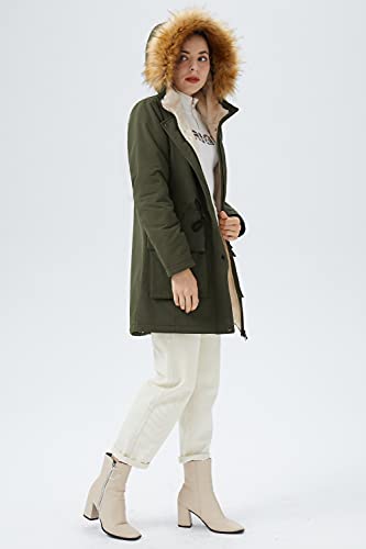 Orolay Damen-Parka mit Dickem Fleece-Futter Wintermantel Kapuzenjacke und Abnehmbarem Pelzkragen Olivgrün S