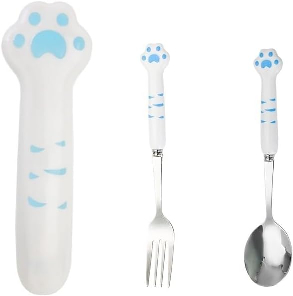 Silverware Flatware Cutlery Set, 2/8/12 Piece Stainless Steel Tableware Creative Cartoon Cute Household Cat Paw Eating Spoon And Fork Set (Color : Blue, Size : 6Set-12Pcs)