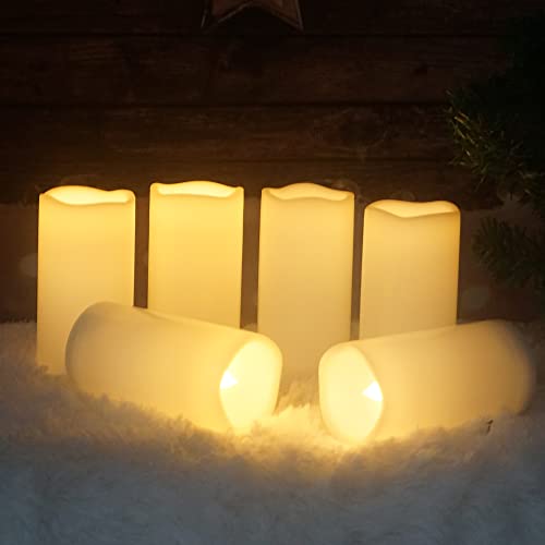 Image of CANDLE CHOICE Waterproof Outdoor Battery Operated Flameless Candles Remote Timer Ivory Plastic Realistic Flickering Fake Electric LED Pillars Lantern Garden Wedding Christmas Decorations 3 inchx6 inch 6 Pack