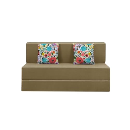 Image of Rosebell Foldable 2 Seater Sofa Cum Bed, Sofa Bed 4 X 6 Feet, Jute Fabric- Washable Cover- Including Two Printed Cushion Perfect for Home & Office - Golden Color