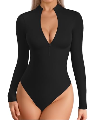 MANGOPOP Women's Long Sleeve Body Suits Zip Up Mock Turtle Neck Bodysuit Sexy Deep V Going Out Tops Shirts, Black, Medium