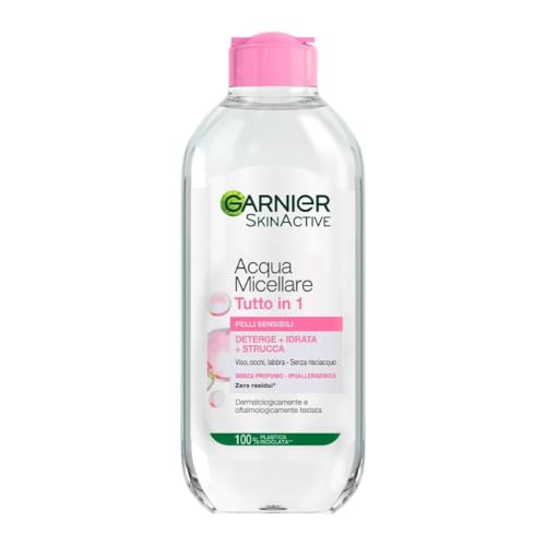 Garnier SkinActive Acqua Micellare Tutto in 1, Per Pelli Sensibili, 100% del Trucco Rimosso, Pelle Detersa e Idratata per 12H, Senza Residui e Senza Risciacquo, Con Micelle e Glicerina, 400 ml