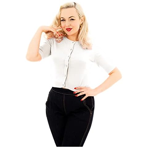 Ro Rox Imogen 1950's Rockabilly Knit Top Vintage Knitted Short Sleeve Cardigan - White (XXL) Cover