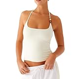 Women Beaded Halter Tank Top Vintage Summer Solid Color Tie up Sleeveless Backless Cami Shirts Y2k Grunge Clothes White