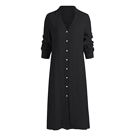 ZAFUL Women's Casual V Neck Maxi Dress Cotton Linen Long Sleeve Button Down Loose Long Shirt Dresses Swimwear Cover Ups (F-Black,M)