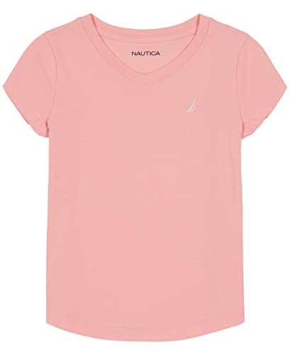 Image of Nautica Girls' Short Sleeve V-Neck T-Shirt, Solid Cotton Blend Tee with Tagless Interior