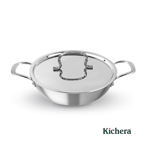 Image of Kichera Triply Stainless Steel Kadai with lid | 20cm /7.8 inch, 1.5Ltr, 1.3kg| Smooth Finished Flat Bottom Induction Deep Fry Kadhai |Ideal for All cooktops Cookware | 3 Layer Kadai for Cooking