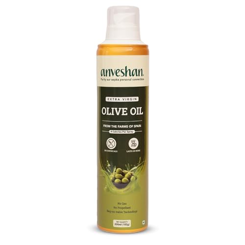 Image of Anveshan Extra Virgin Olive Oil Cooking Spray - 200ml | Extra Virgin, Cold Pressed, Natural; Cook Healthy with 10X LESS Oil | Ideal for Dressing, Baking, Air-Frying | Good for Skin, Hair & Massage