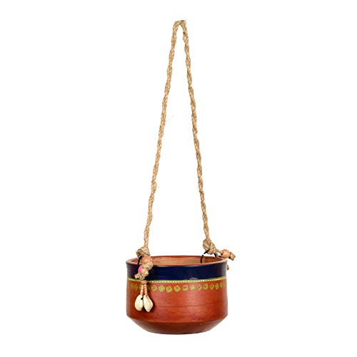 Image of AAKRITI ART CREATIONS Terracotta Hanging Planter | Blue & Brown Earthen Design with Jute Hanger, Modern Art, Matte Finish | Decorative Hanging Pot for Indoor & Outdoor Home Decor