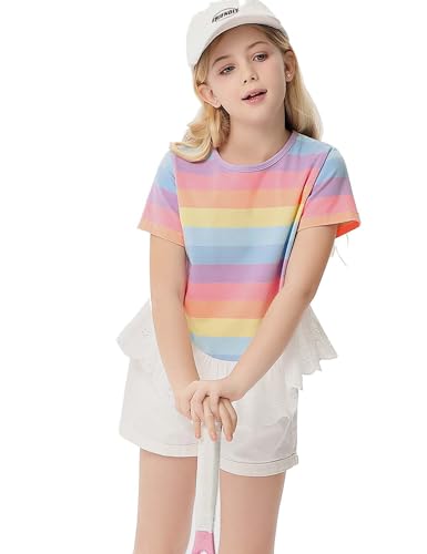 Girls 2024 Summer Short Sleeve Tops Crewneck Color Block Striped T-Shirts Ruffle Tunic Tees Blouses4