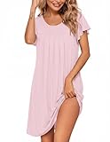 Ekouaer Nachthemd Damen Kurzarm Sexy Schlafshirt Kurz Sommer Rundhals Nachtkleid Oversize Plissee Einfarbig Nachthemden, Rosa, XXXL