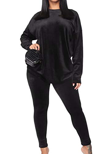 Women's 2 Piece Velvet Tracksuit Sets Long Sleeve Sweatshirt Bodycon Pants Velour Outfits Black Medium